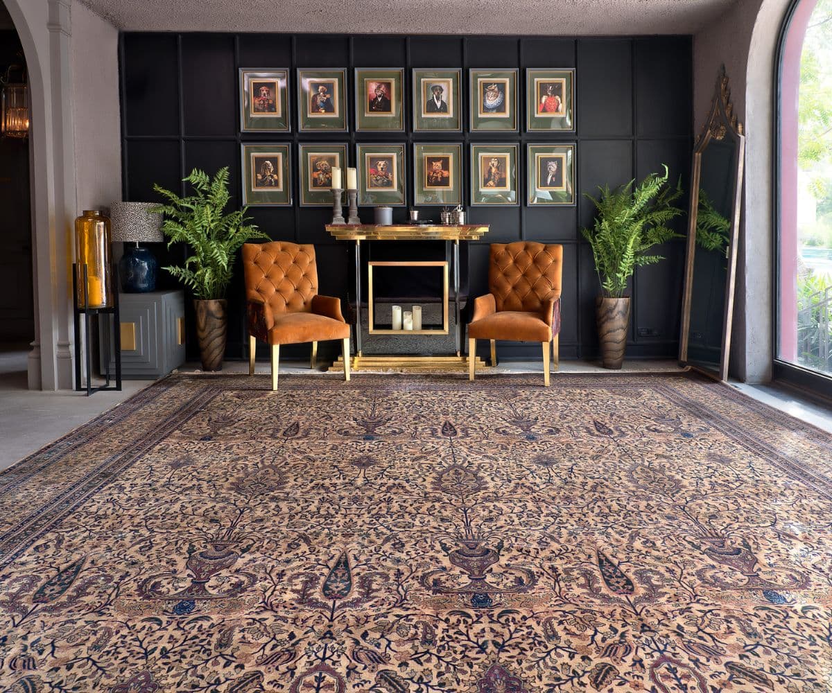 A Doha Furniture سجاد الدوحة hand-knotted carpet styled beneath a living room sofa